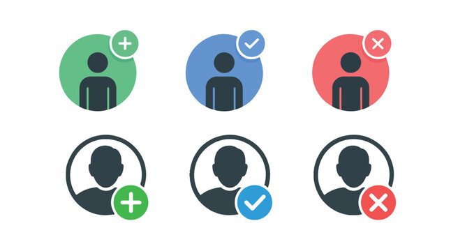 User profile icons with large circles add check cross symbols green blue red.