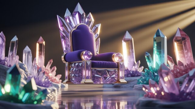 Luxurious thrones with purple velvet cushions surrounded by colorful crystals and gemstones in a fantasy setting