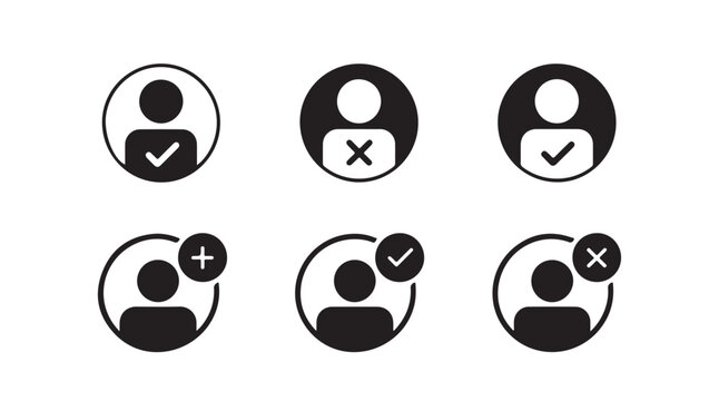 Set of black user account icons with checkmarks and crosses for web design application.