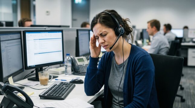 Stressed Woman Working in Call Center Holding Her Head.