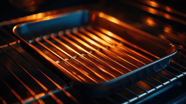 Warm, radiant glow inside an empty preheating oven, showcasing a shiny rack and baking pan.