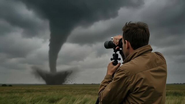 Man using a spotting scope on a tripod to photograph a massive tornado touching down on open grassland under ominous dark storm clouds, with dust, debris and a powerful vortex