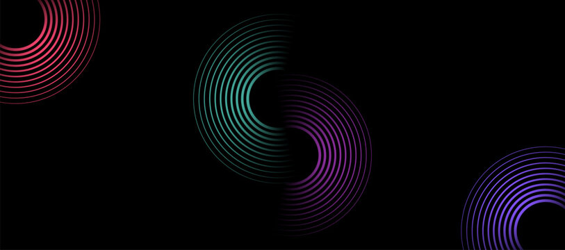 Abstract geometric dark background with colorful semicircle lines in the corners.