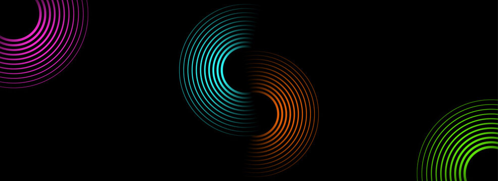 Abstract geometric dark background with vibrant semicircle line patterns in the corners.