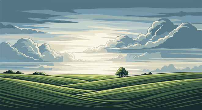 Serene, rolling green hills under a dramatic pixelated sky with fluffy clouds