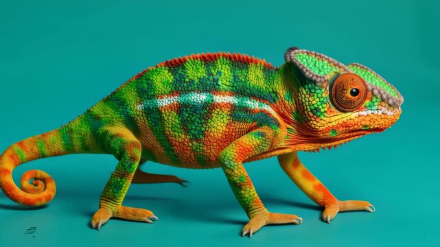 Close-up cinematic study of a brightly colored chameleon walking across a teal studio backdrop, showcasing vivid green, orange and turquoise scales, curled tail and textured skin
