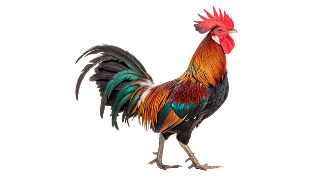 A beautiful vibrant colorful domestic rooster cock bird standing side view profile isolated on transparent background
