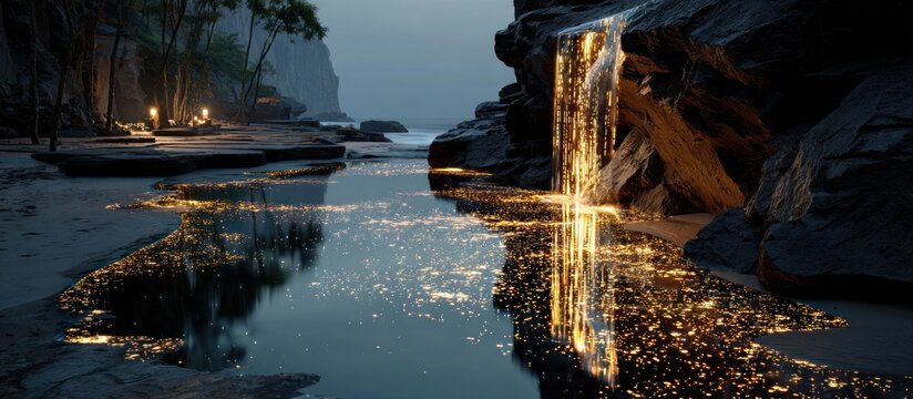 Illuminated waterfall cascading into a reflective pool on a moody, serene shore