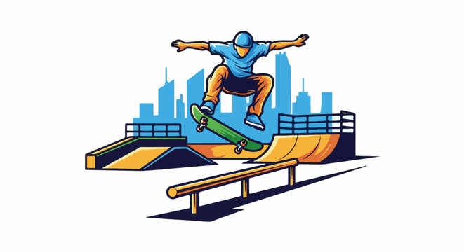 Skateboarder airborne over a ramp and rail with cityscape backdrop