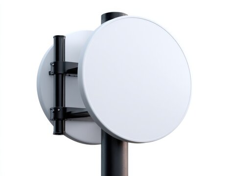 Round parabolic microwave antenna dish on pole, white minimal