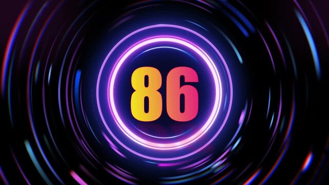 Neon number 86 in purple circle with swirling lights on dark background