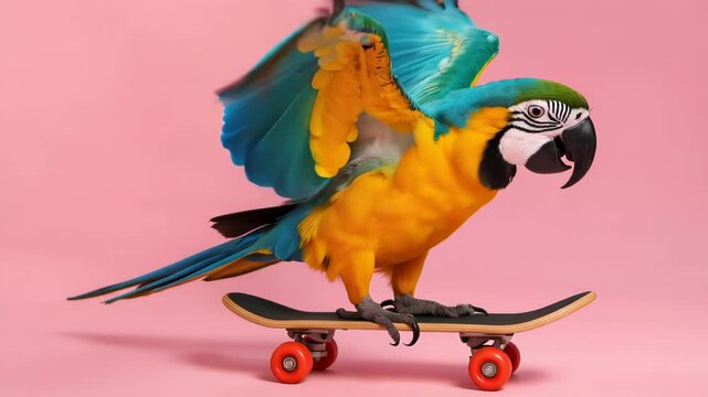 Blue-and-yellow macaw perched on a skateboard against a pastel pink background, showcasing vibrant feathers, playful pose, and whimsical contrast between tropical bird and urban toy