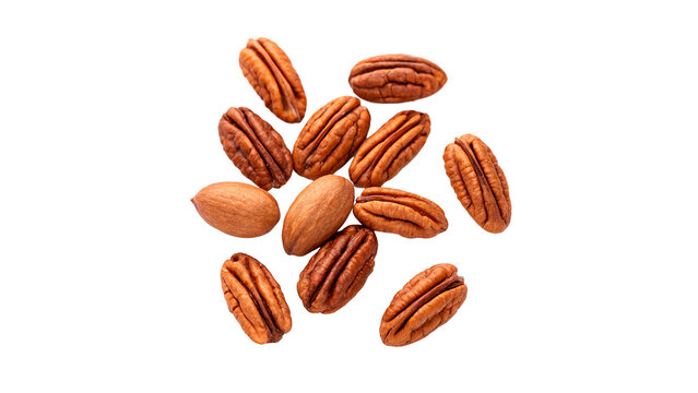 A small loose pile heap of organic raw brown pecan nuts healthy snacks isolated on transparent background