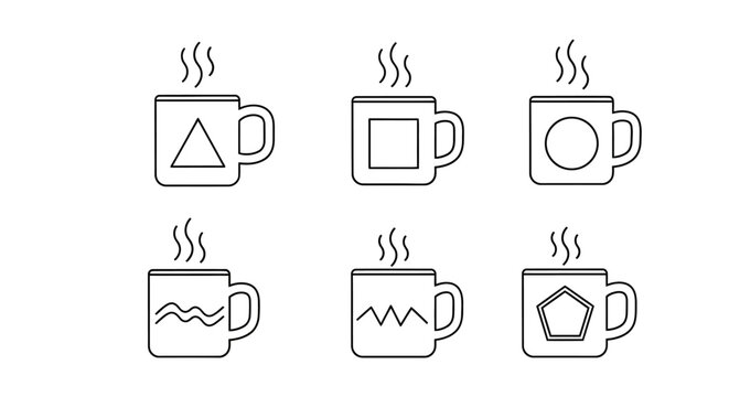 Line art coffee mugs with geometric shapes like triangle square circle and waves on body for modern cafe interior decor or creative branding design elements
