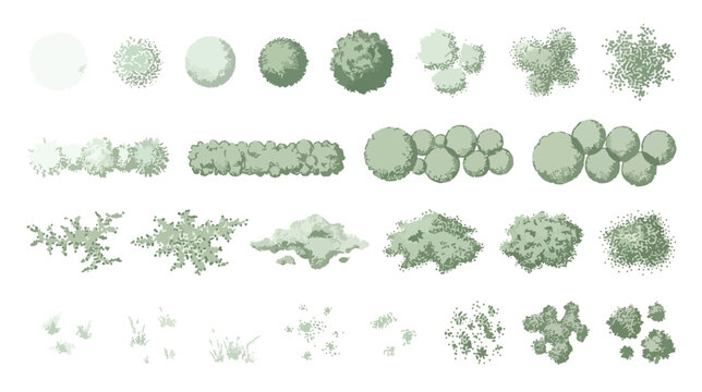 Landscape architecture tree symbols in top view, 26 green garden plant icons for site planning, architectural vegetation vector set for masterplan design