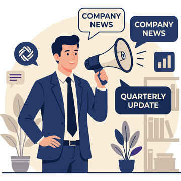 Businessman announces company news with megaphone in office setting.