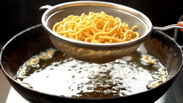 Metal strainer lifting crispy golden noodles from a large traditional iron wok filled with bubbling hot oil during the process of deep frying for cooking