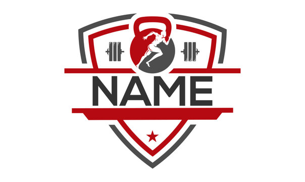 Fitness logo with kettlebell and dumbbells on white background