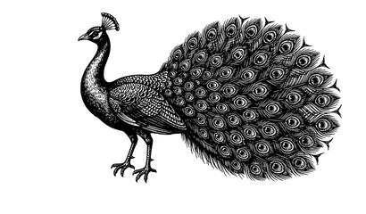 Fototapeta premium Classic Antique Peacock Illustration with Decorative Feather Engraving Vector