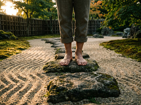 Feet on Zen Garden Stepping Stone with Dramatic Sunset Light