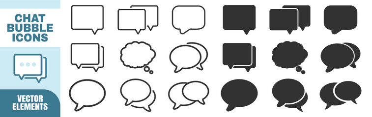 Set of chat and thought bubble icons in various styles on transparent background. © Taisiia