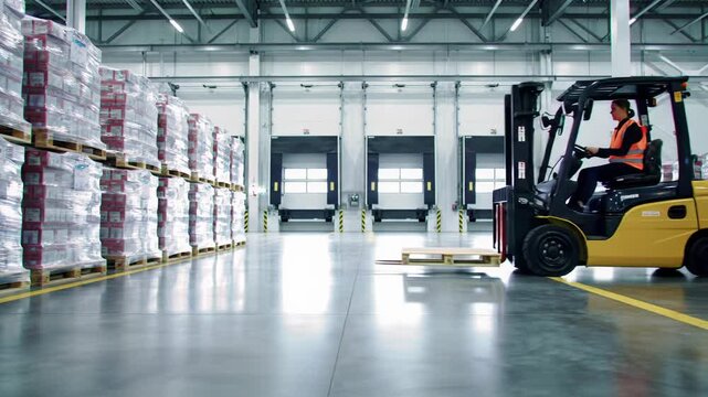 Gentle dolly pan in a vast, brightly lit high-tech warehouse, cool light reflecting on polished concrete, yellow electric forklift near organized goods. Modern logistics concept.