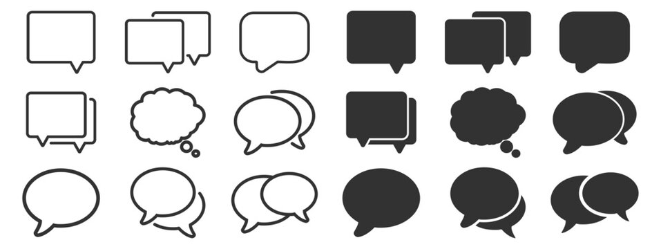 Collection of speech and thought bubble icons in outline and solid styles. Different shapes and pairs are displayed on transparent background.