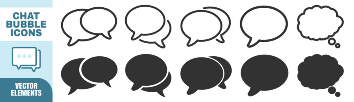 Set of chat bubble icons in outlined and solid styles. Various shapes include speech and thought bubbles on transparent background.