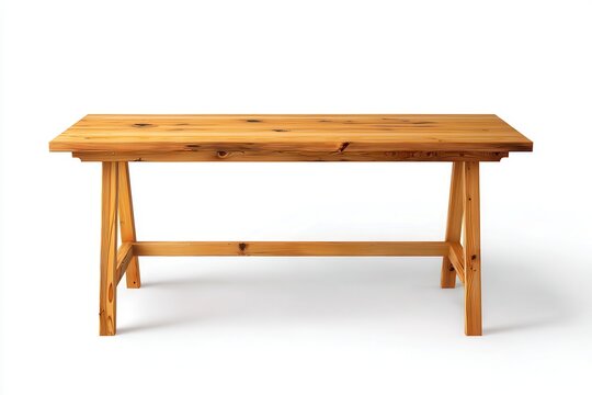 Wooden table with trestle legs on white background
