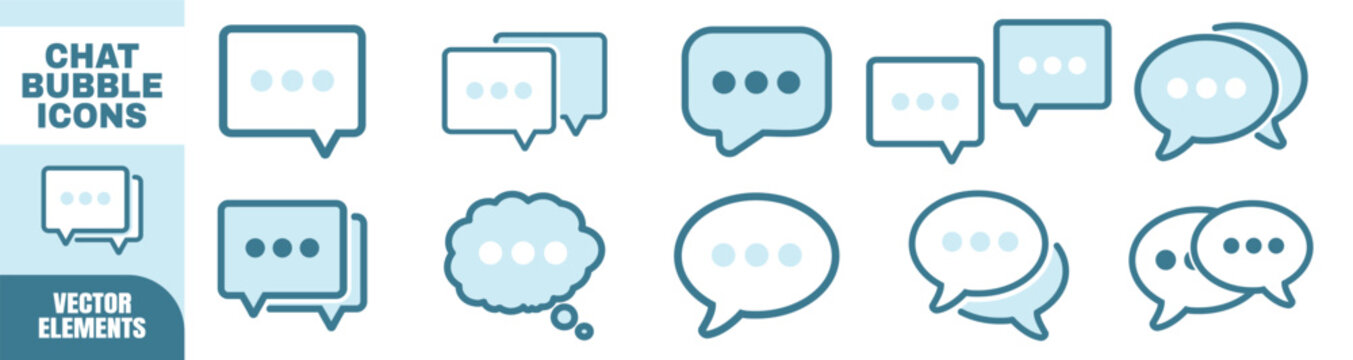 Set of blue chat bubble icons with dots. Speech and thought bubbles in various shapes with overlay effect.