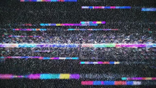 Abstract colorful static noise and digital glitches on a dark background