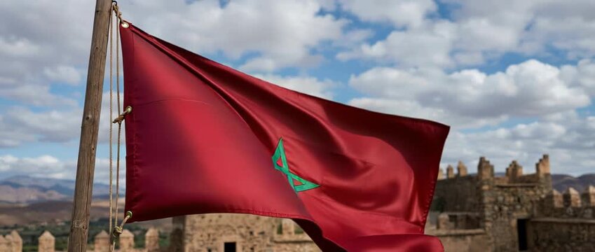Waving red Moroccan flag bearing a green pentagram star on a wooden pole above an ancient stone citadel and battlements under a dramatic cloudy sky of historic pride