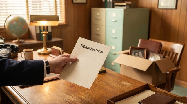 Resignation Letter Held by Businessman next to Packing Box in Vintage Style Corporate Office Workspace