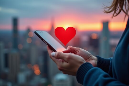 Close-up of Hand Holding Smartphone with Heart-shaped Pointer against City Skyline, Symbolizing Love and Connection