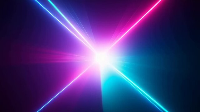Vibrant neon cross of intersecting cyan and magenta laser beams converging at a luminous central flare against a dark backdrop, creating a futuristic abstract lightburst and lens effect