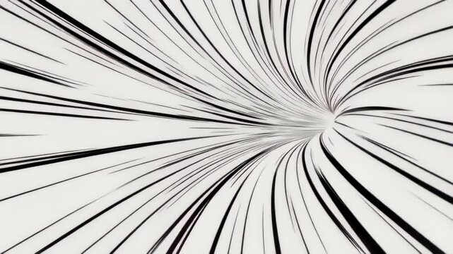 High-contrast black and white radial swirl pattern forming an abstract vortex tunnel with converging curved lines, creating a dynamic optical illusion of motion and depth.
