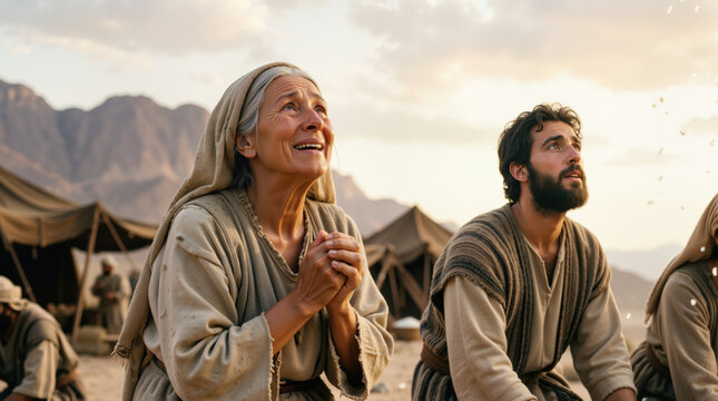 Biblical scene of people receiving manna from heaven. Ancient desert camp with faithful individuals looking up in gratitude