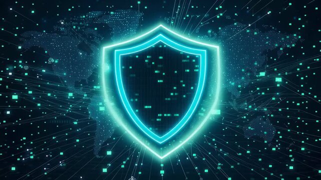 Neon cyber shield over a digital world map with streaming data, gridlines and nodes representing global network protection, encryption and cyber defense