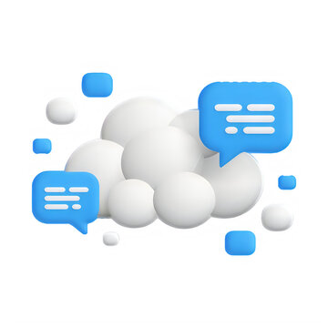 3d blue chat bubbles floating on white clouds