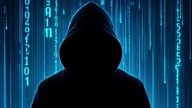 Silhouetted hooded figure against cascading blue binary-code matrix, anonymous hacker concept with glowing digital rain and dark backdrop evoking security threat and intrusion