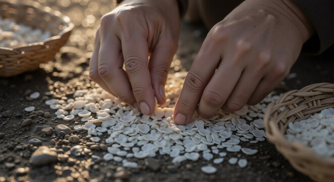 Hands gathering manna from the ground. Biblical scene of divine provision. Religious concept of faith and miracle