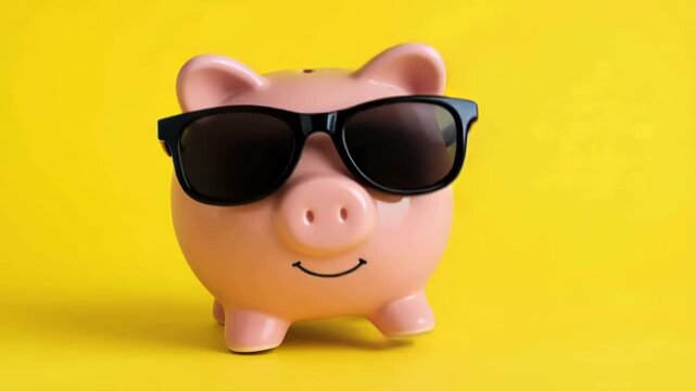Playful pink piggy bank wearing black sunglasses centered on a vibrant yellow background, smiling and ready to collect coins &mdash; a fun savings concept with summer flair