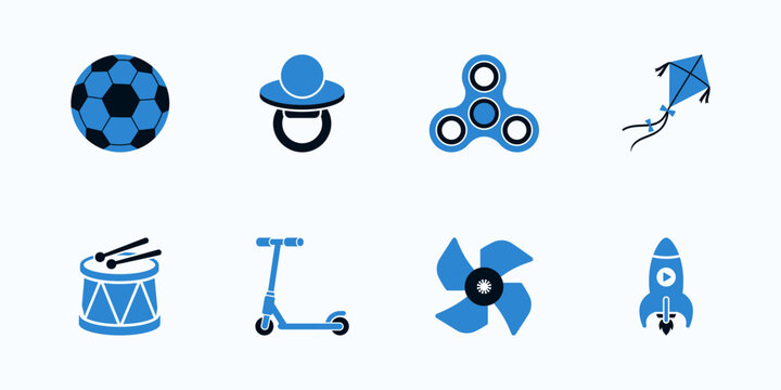 Collection of icons representing toys and games, including soccer ball, pacifier, fidget spinner, kite, drum and rocket ship with play button. Fun and engaging vector illustrations for kids.