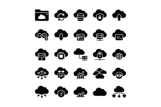 Cloud computing and data storage black solid glyph icon set, internet server network security symbols vector