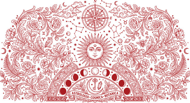 Silhouette of celestial illustration with sun moon stars and compass