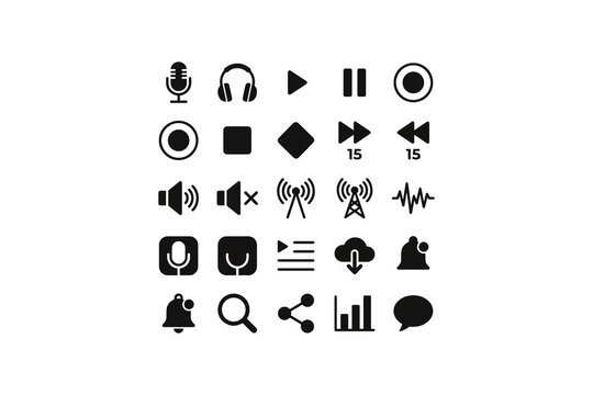 UI audio controller and sound setting black solid glyph icon set, music player navigation interface symbols vector