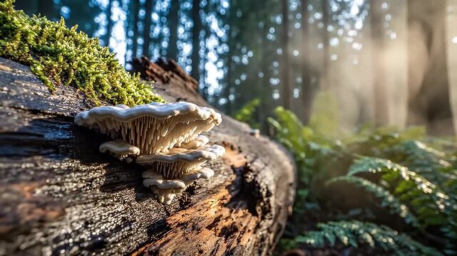 White Shelf Mushroom Growing on Mossy Fallen Log in Sunlit Forest