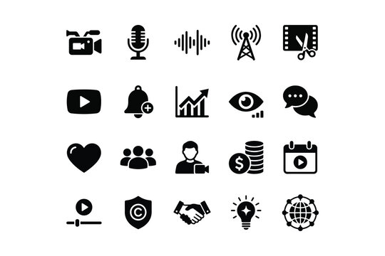 Multimedia and social media marketing black solid glyph icon set, video audio internet communication symbols vector