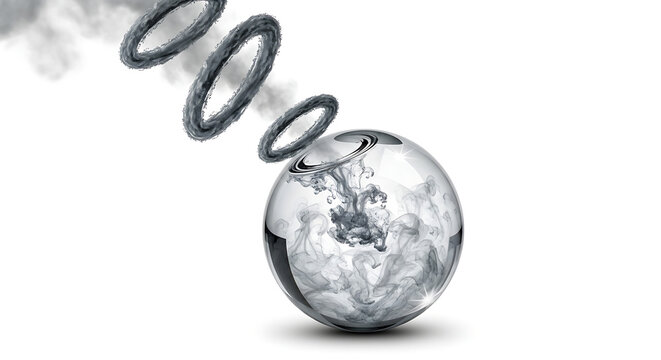 A smoking crystal ball with a coiled spring emits steam on a plain surface.
