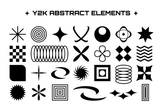 Abstract Y2K aesthetic set. Retro geometric elements and shapes. Vector illustration for banners, posters,or social networks. 2000s vintage, nostalgia, creative, concept graphic design.Black and white